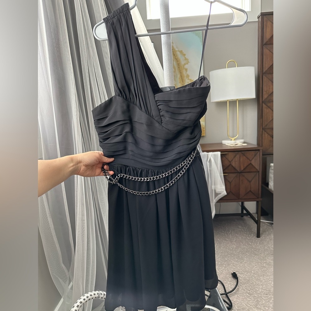 Gorgeous Express black one shoulder dress with chain belt size small